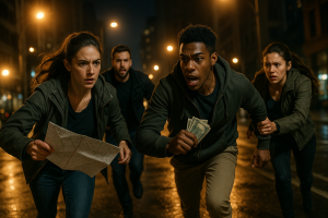 Friends solving clues in a city-wide treasure hunt