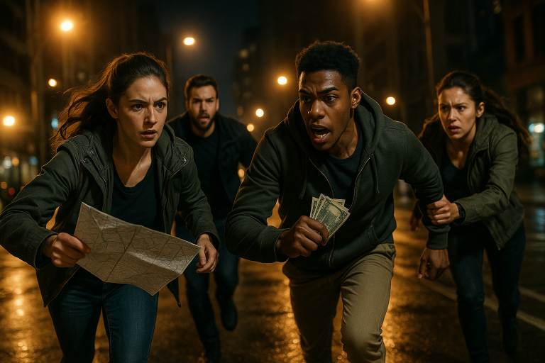 Friends solving clues in a city-wide treasure hunt